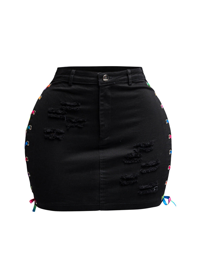 Distressed denim skirt with rainbow shoe lace up - Muvin 