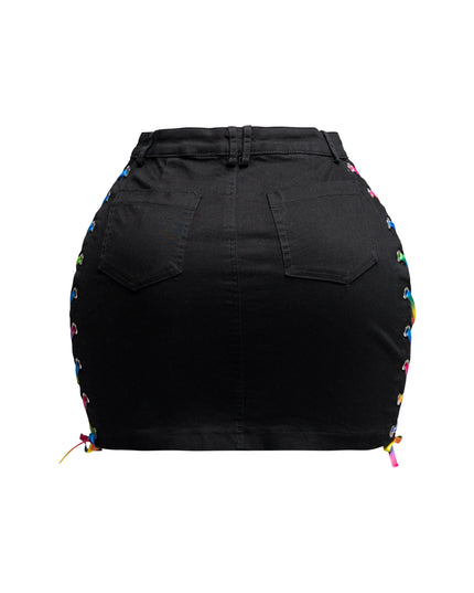 Distressed denim skirt with rainbow shoe lace up - Muvin 