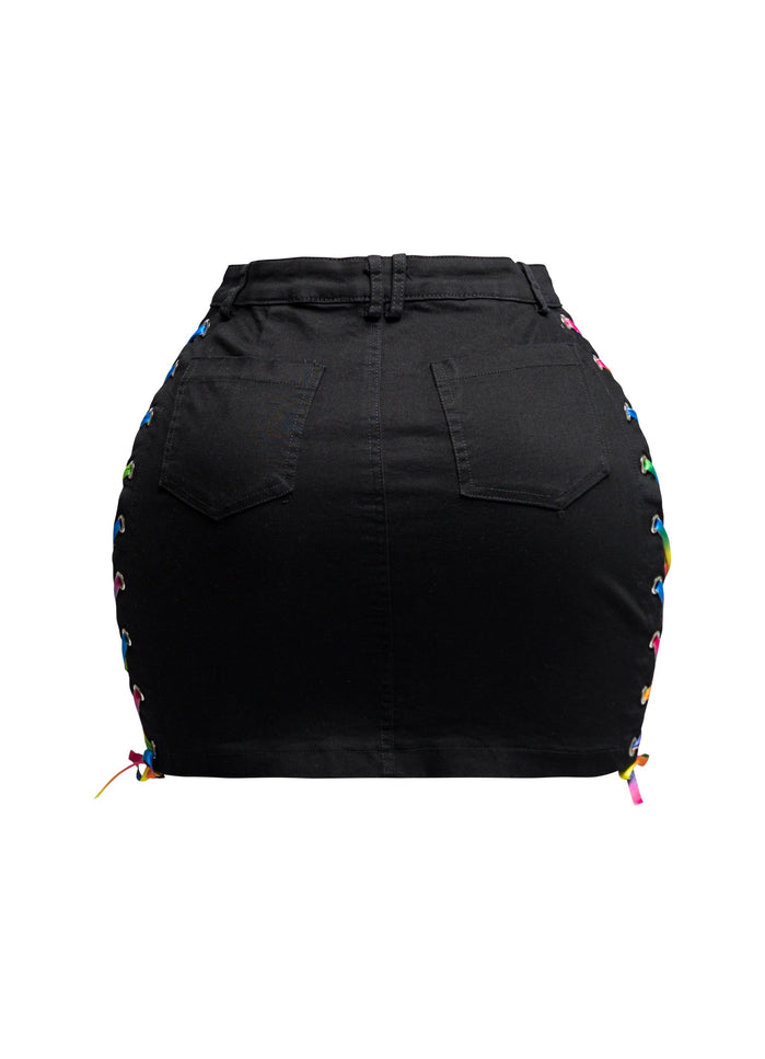 Distressed denim skirt with rainbow shoe lace up - Muvin 