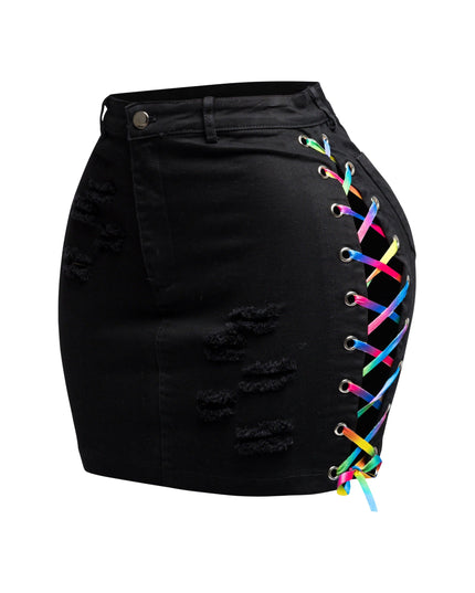 Distressed denim skirt with rainbow shoe lace up - Muvin 