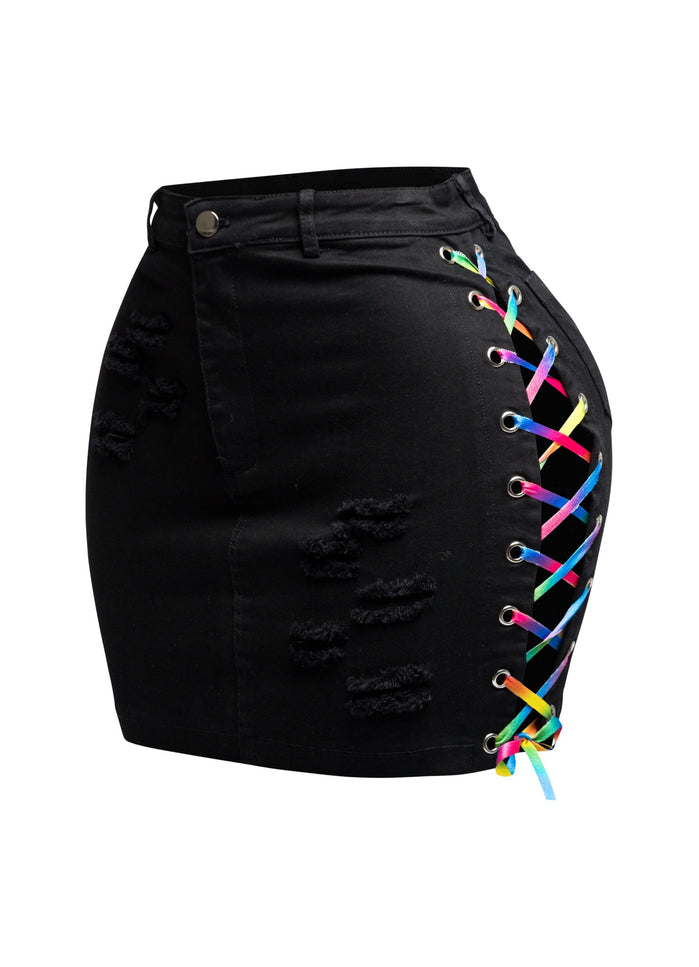 Distressed denim skirt with rainbow shoe lace up - Muvin 