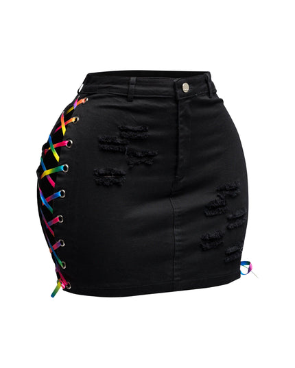 Distressed denim skirt with rainbow shoe lace up - Muvin 