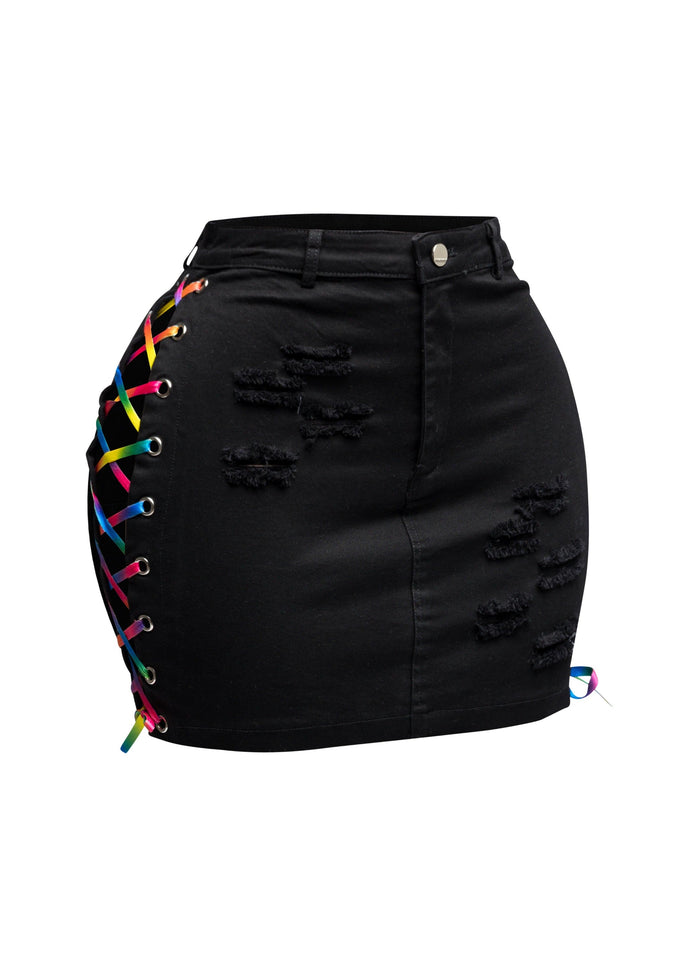 Distressed denim skirt with rainbow shoe lace up - Muvin 