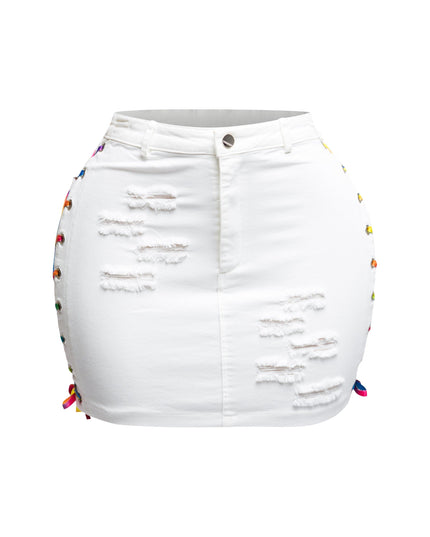 Distressed denim skirt with rainbow shoe lace up - Muvin 