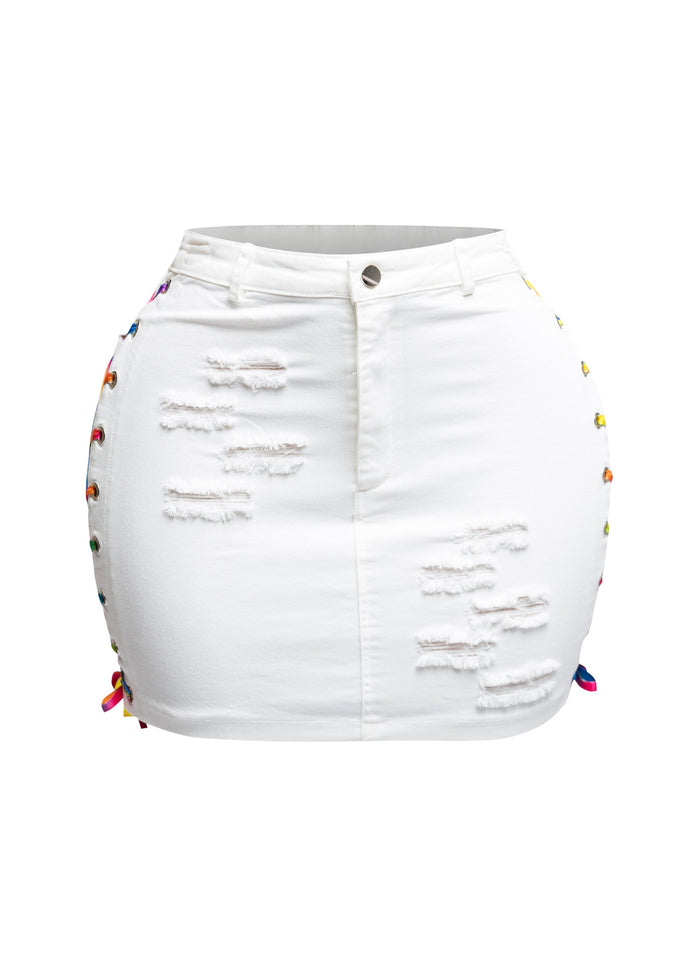 Distressed denim skirt with rainbow shoe lace up - Muvin 