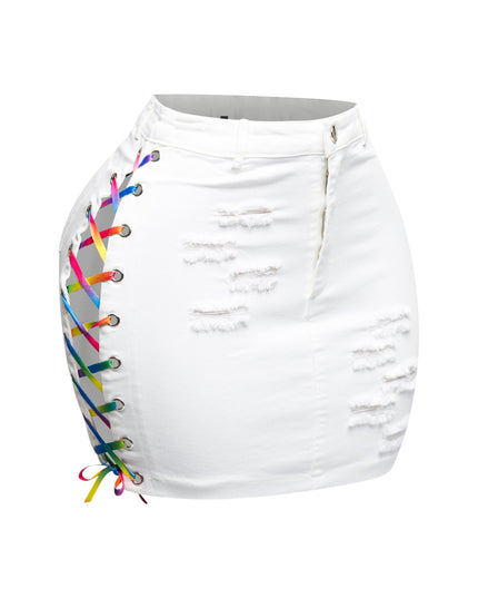Distressed denim skirt with rainbow shoe lace up - Muvin 