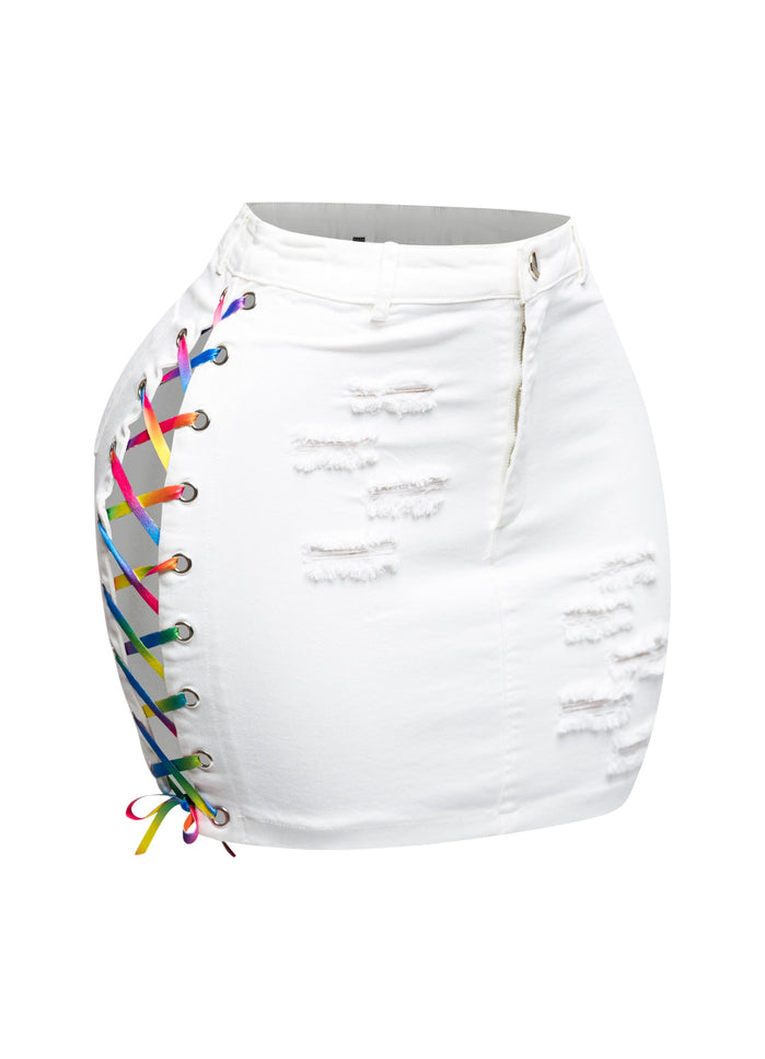 Distressed denim skirt with rainbow shoe lace up - Muvin 
