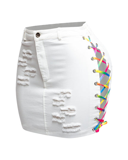 Distressed denim skirt with rainbow shoe lace up - Muvin 