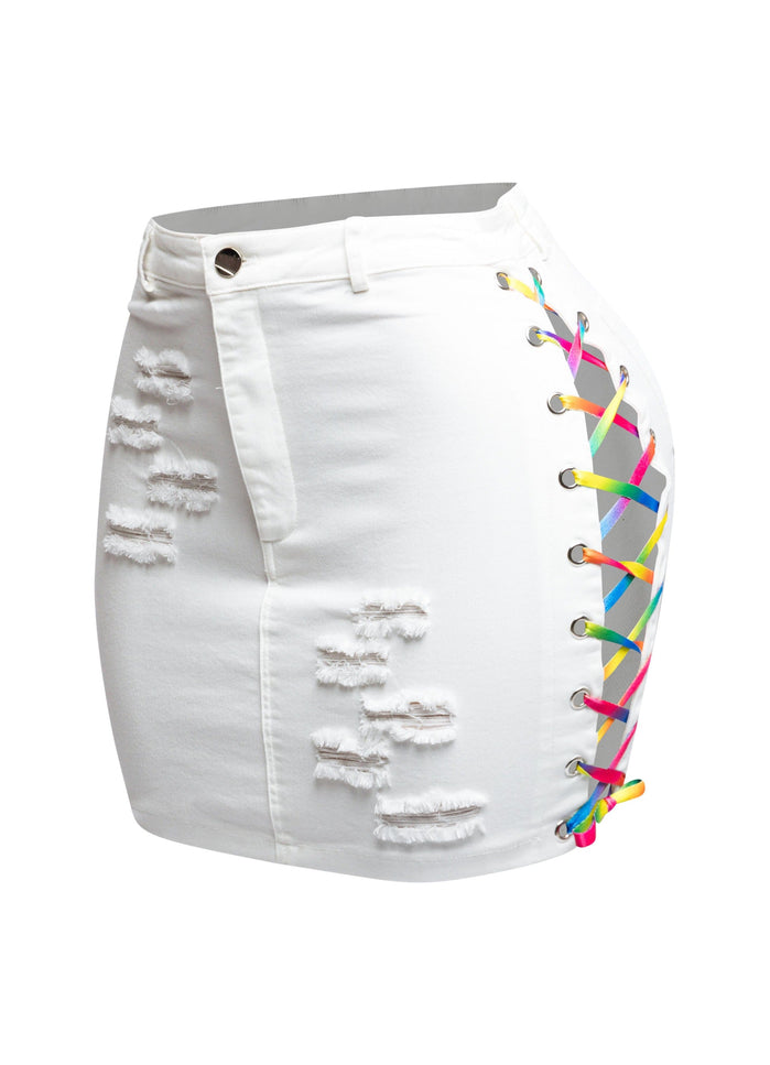 Distressed denim skirt with rainbow shoe lace up - Muvin 