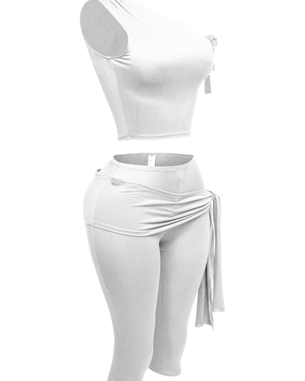 One shoulder tied detailed capri leggings set - Muvin 