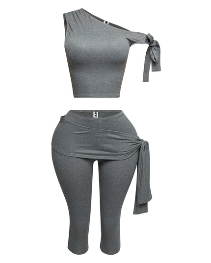 One shoulder tied detailed capri leggings set - Muvin 