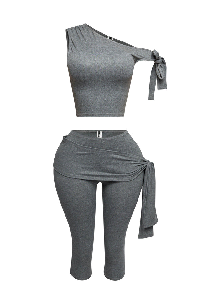 One shoulder tied detailed capri leggings set - Muvin 