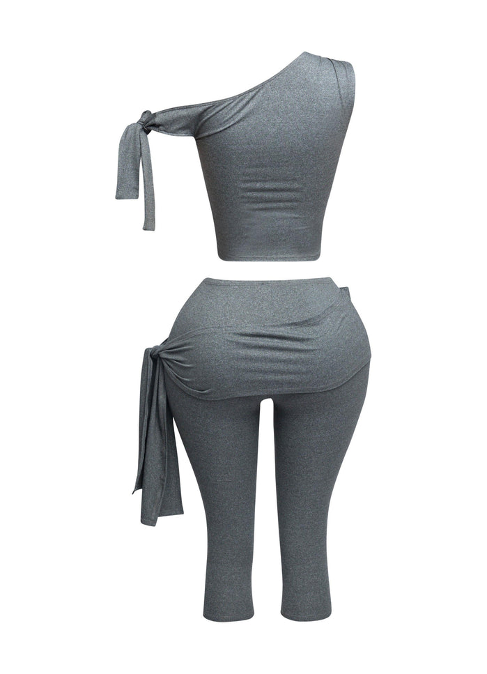 One shoulder tied detailed capri leggings set - Muvin 