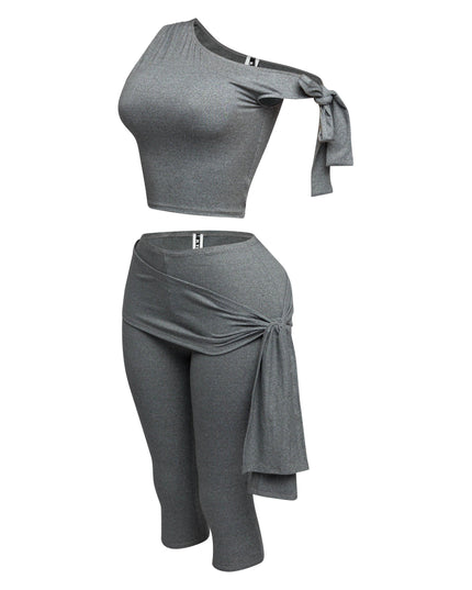 One shoulder tied detailed capri leggings set - Muvin 