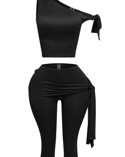 One shoulder tied detailed capri leggings set - Muvin 