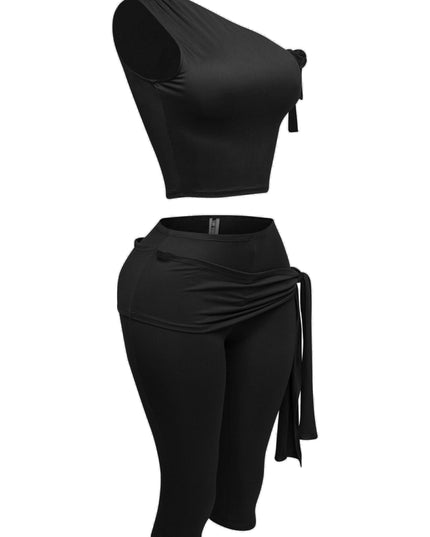 One shoulder tied detailed capri leggings set - Muvin 