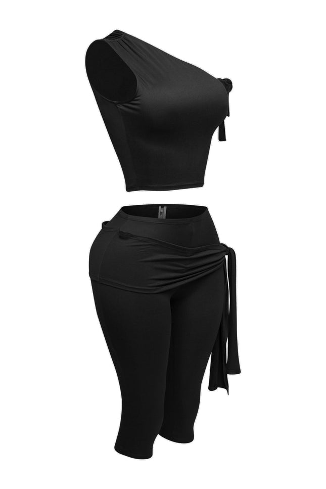 One shoulder tied detailed capri leggings set - Muvin 