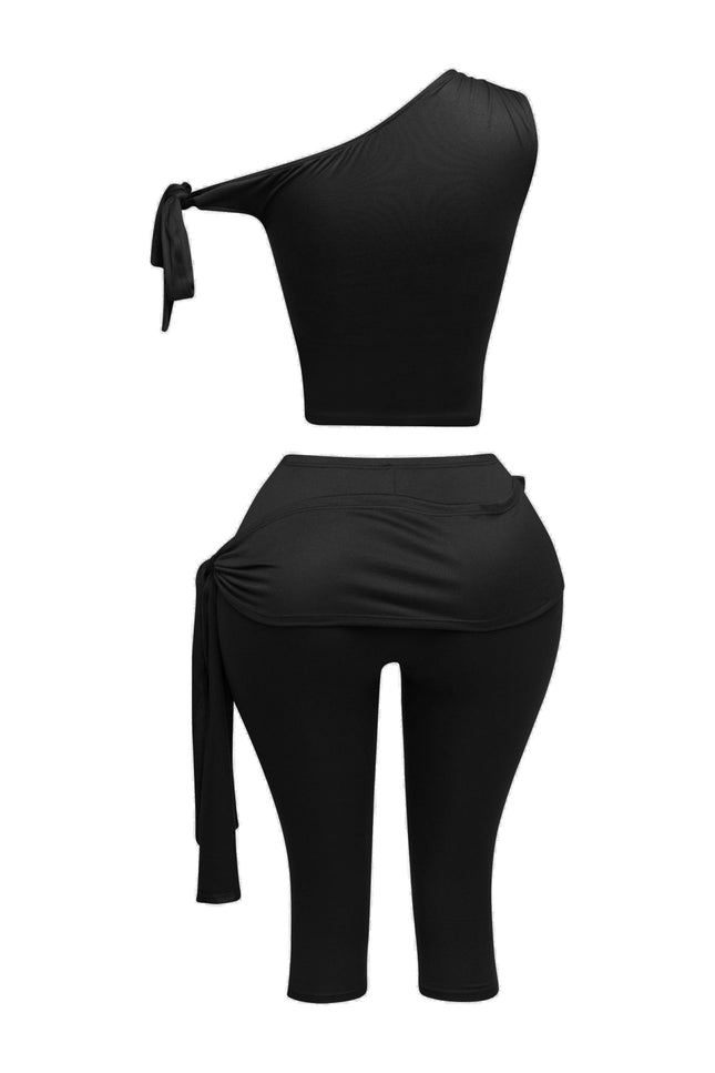 One shoulder tied detailed capri leggings set - Muvin 