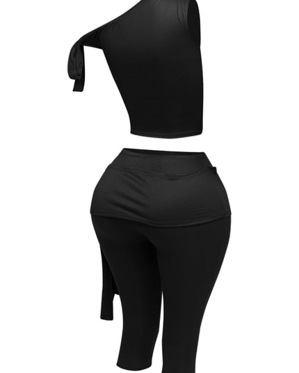 One shoulder tied detailed capri leggings set - Muvin 