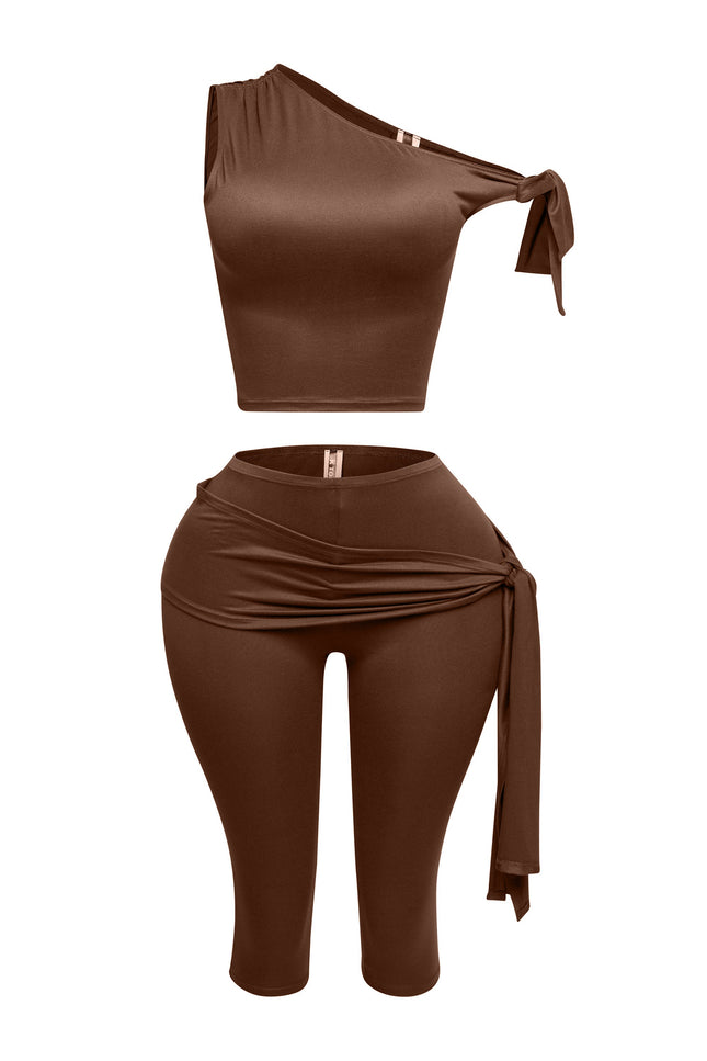 One shoulder tied detailed capri leggings set - Muvin 