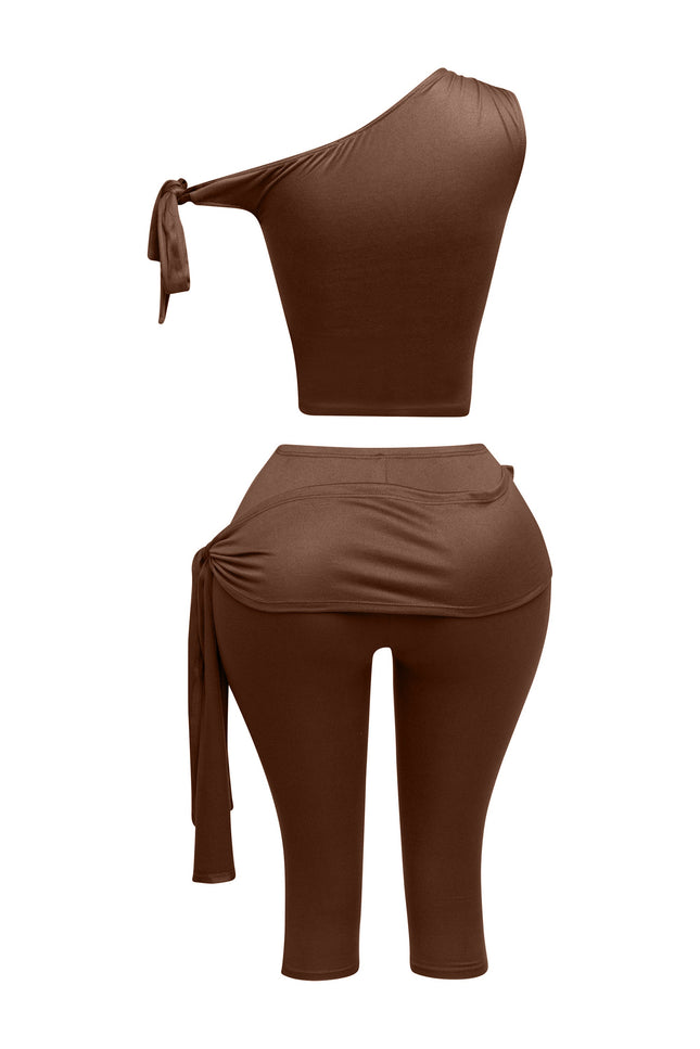 One shoulder tied detailed capri leggings set - Muvin 