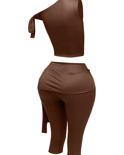 One shoulder tied detailed capri leggings set - Muvin 