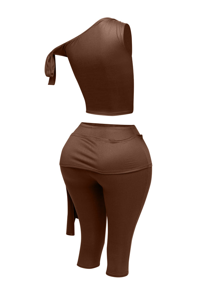 One shoulder tied detailed capri leggings set - Muvin 