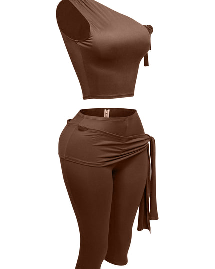 One shoulder tied detailed capri leggings set - Muvin 