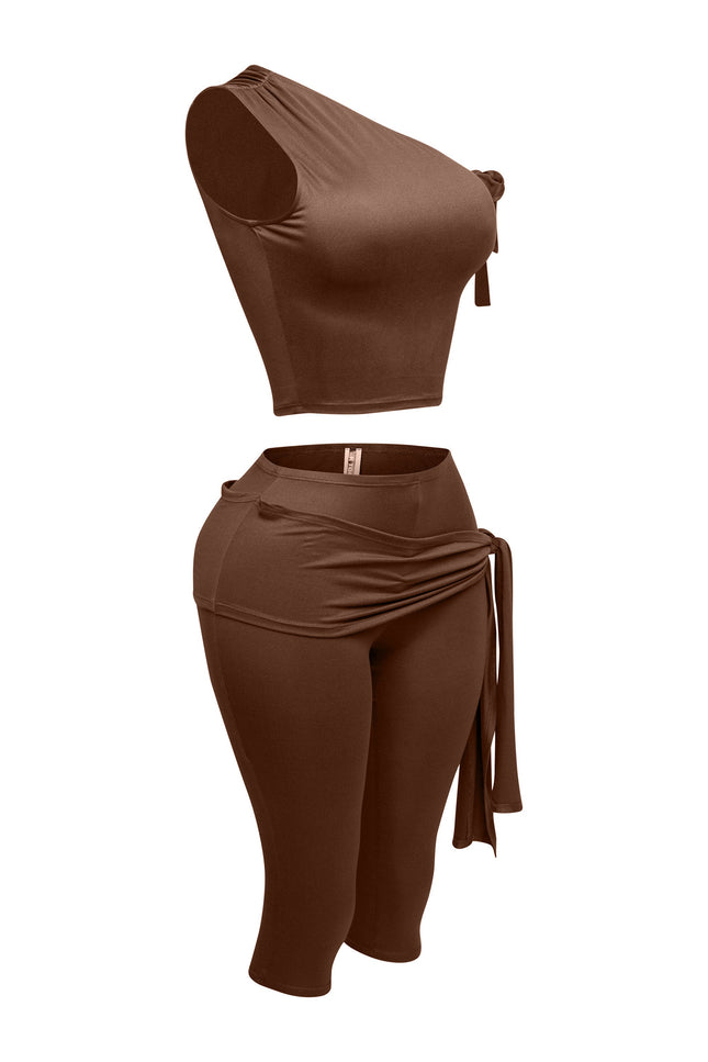 One shoulder tied detailed capri leggings set - Muvin 