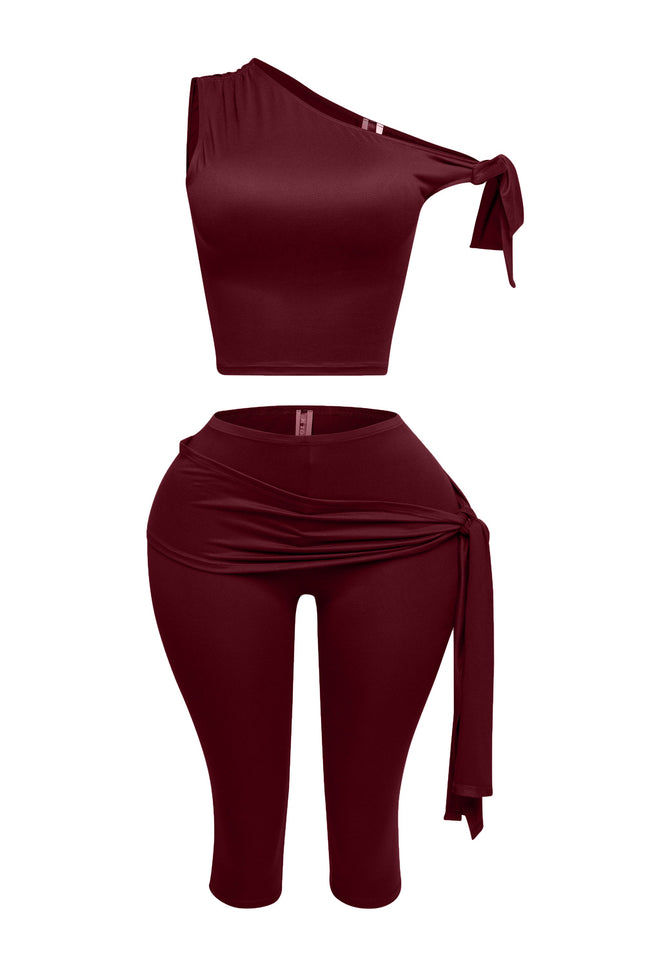 One shoulder tied detailed capri leggings set - Muvin 