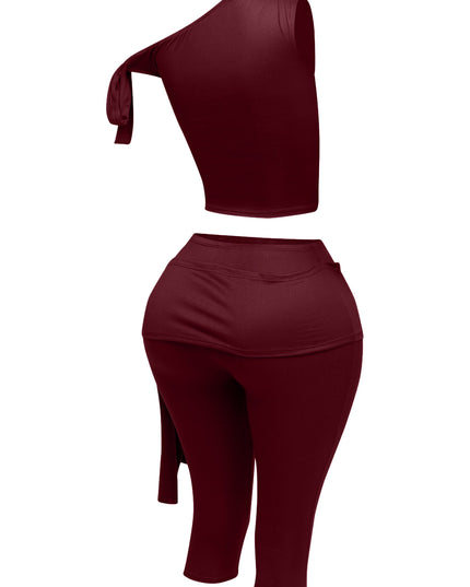 One shoulder tied detailed capri leggings set - Muvin 