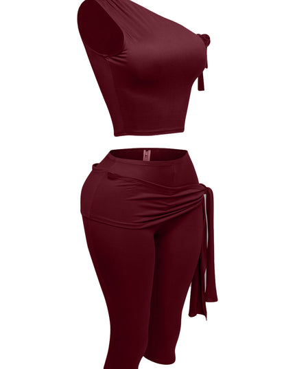 One shoulder tied detailed capri leggings set - Muvin 