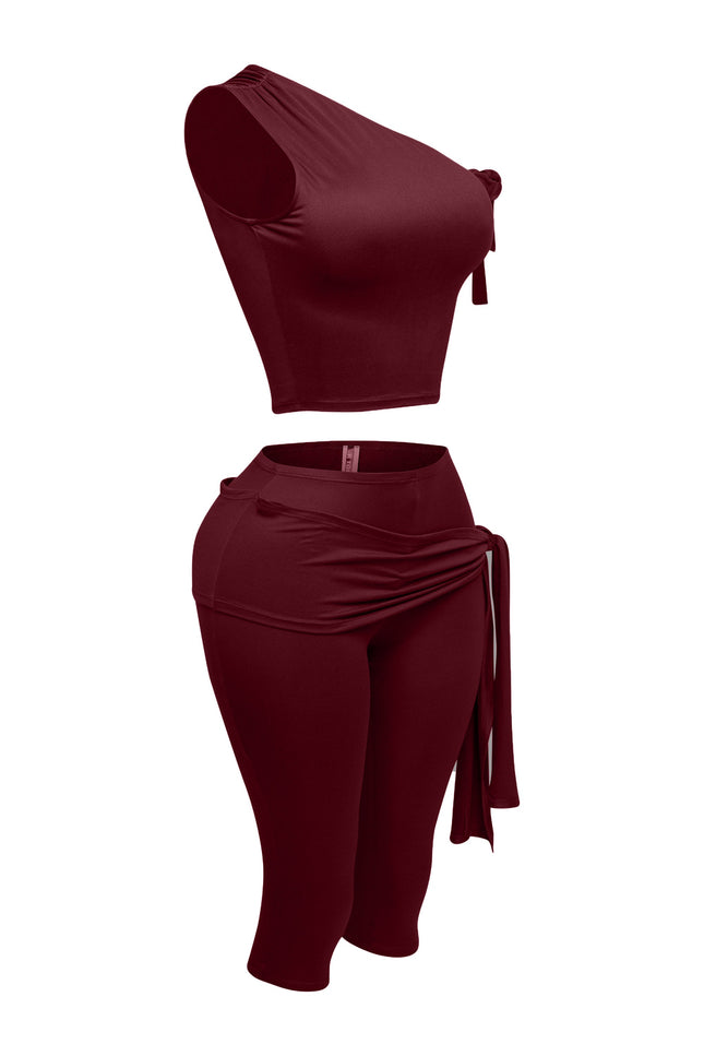 One shoulder tied detailed capri leggings set - Muvin 