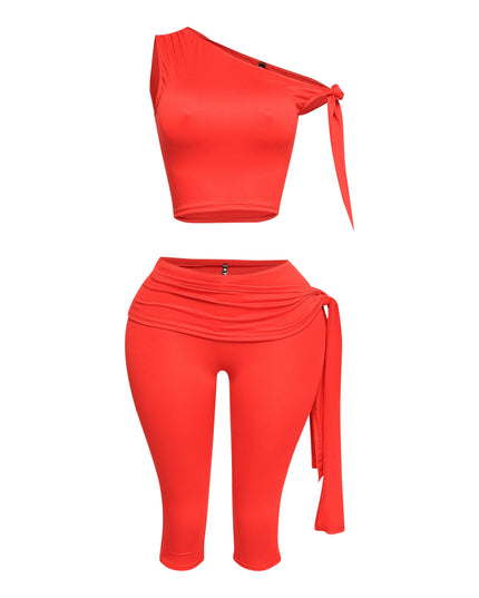One shoulder tied detailed capri leggings set - Muvin 