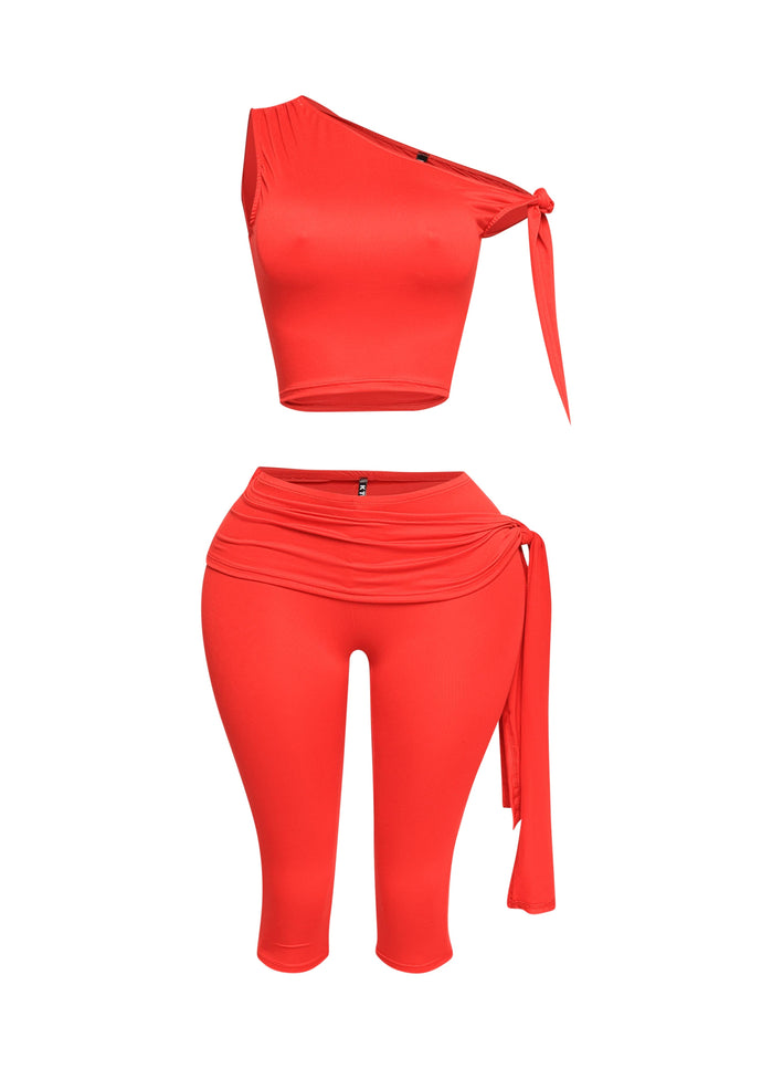 One shoulder tied detailed capri leggings set - Muvin 