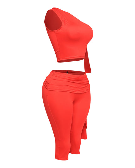 One shoulder tied detailed capri leggings set - Muvin 
