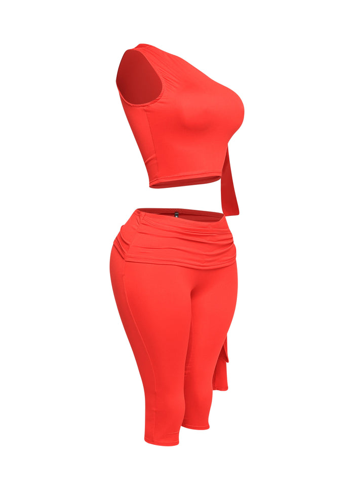 One shoulder tied detailed capri leggings set - Muvin 