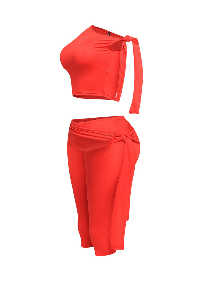One shoulder tied detailed capri leggings set - Muvin 