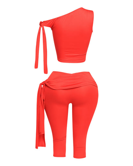 One shoulder tied detailed capri leggings set - Muvin 