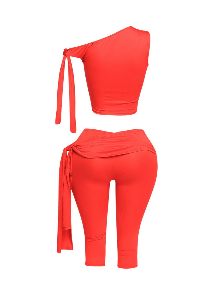 One shoulder tied detailed capri leggings set - Muvin 