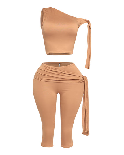 One shoulder tied detailed capri leggings set - Muvin 