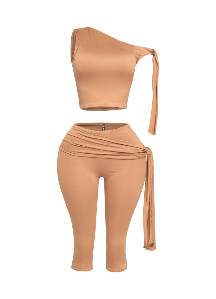 One shoulder tied detailed capri leggings set - Muvin 