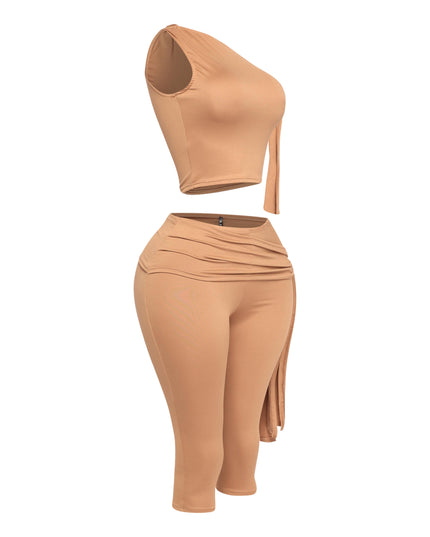 One shoulder tied detailed capri leggings set - Muvin 