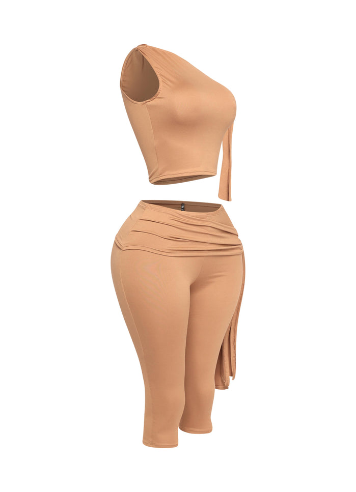 One shoulder tied detailed capri leggings set - Muvin 