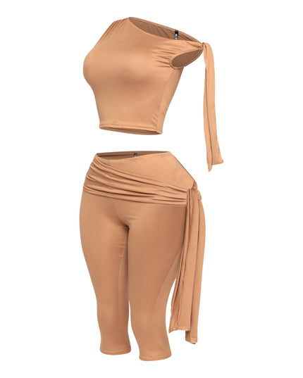 One shoulder tied detailed capri leggings set - Muvin 