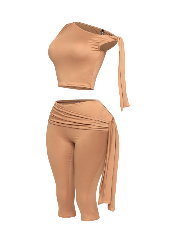One shoulder tied detailed capri leggings set - Muvin 