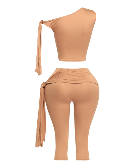 One shoulder tied detailed capri leggings set - Muvin 
