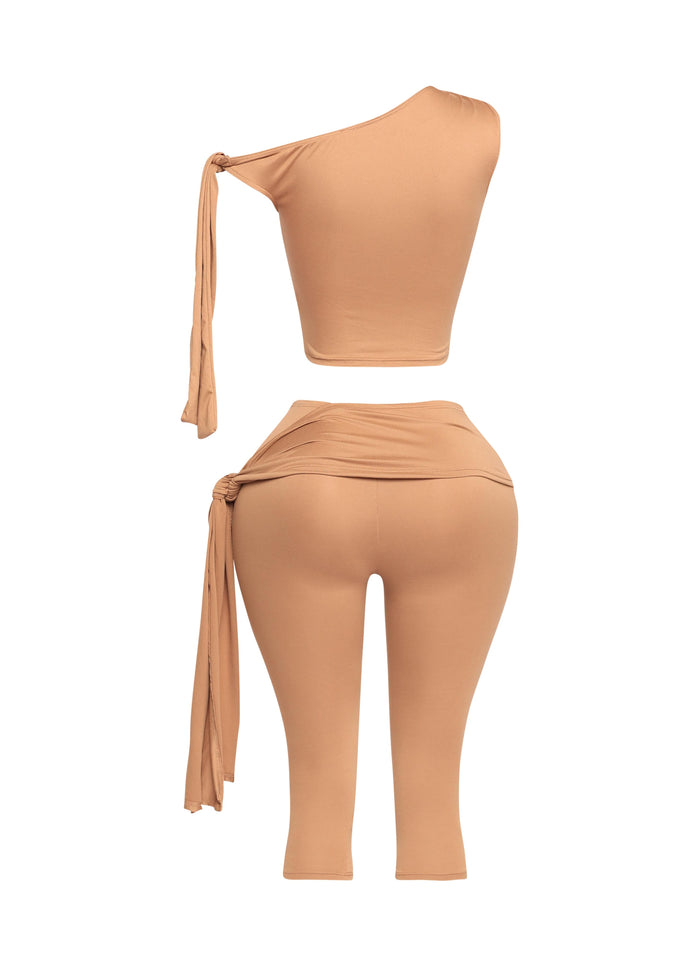 One shoulder tied detailed capri leggings set - Muvin 
