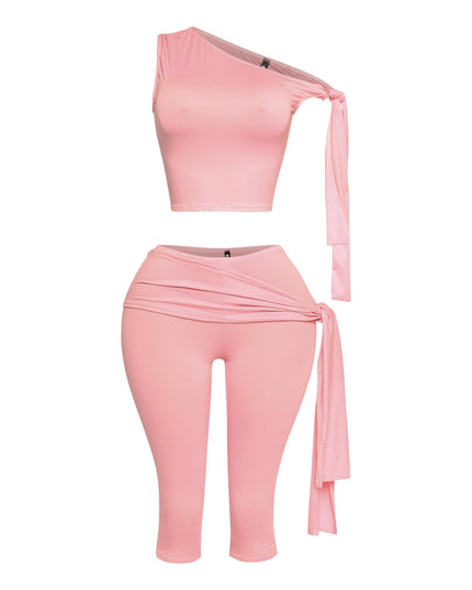 One shoulder tied detailed capri leggings set - Muvin 