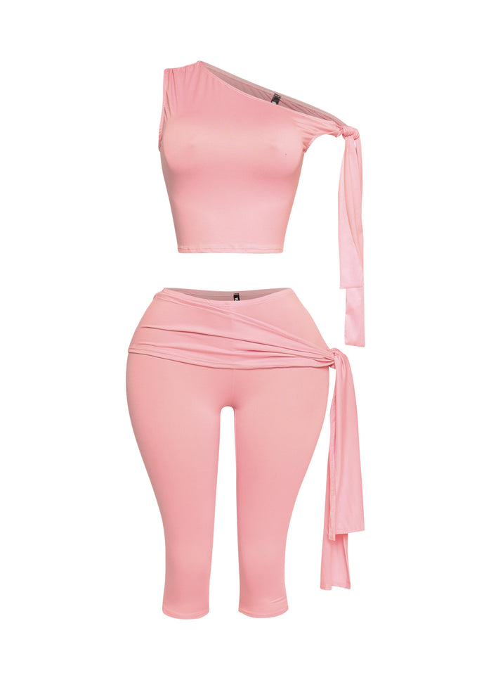 One shoulder tied detailed capri leggings set - Muvin 